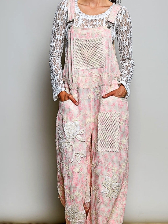 POL Pants - POL Pink Lace-Appliqué Embroidered Overalls